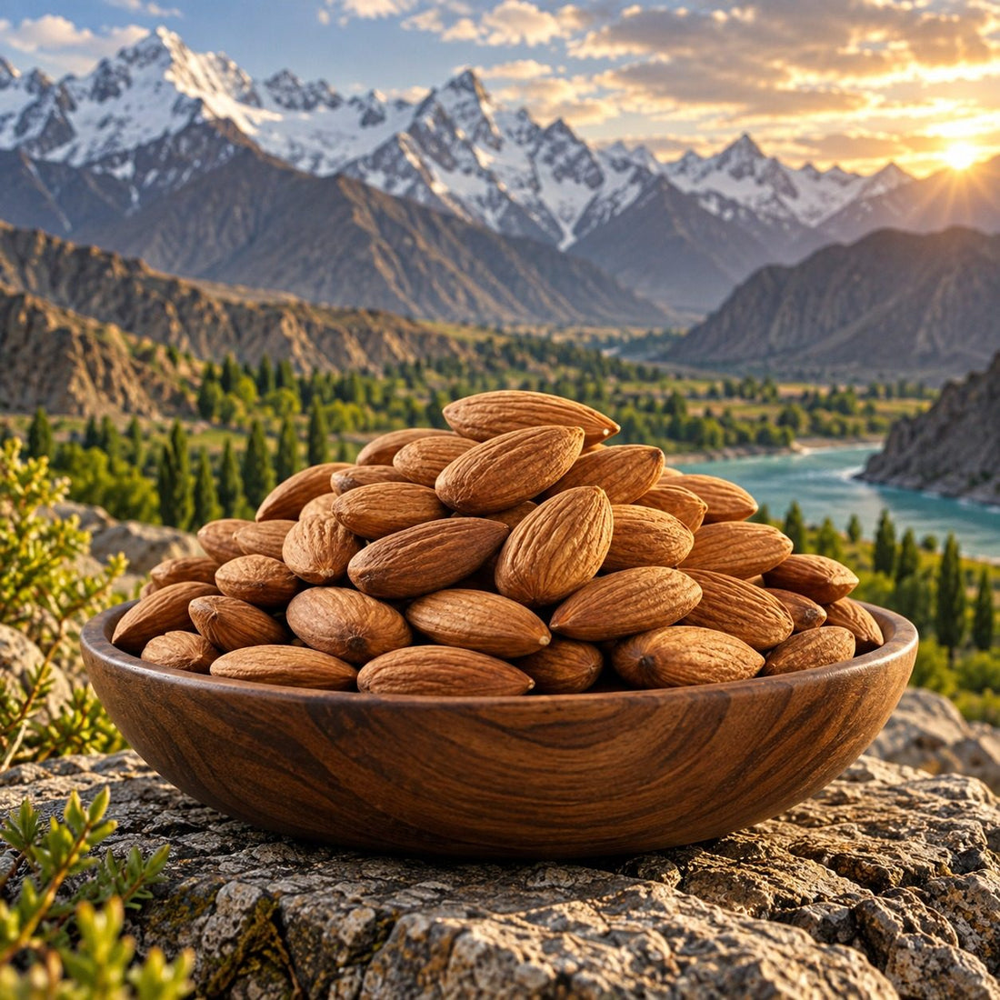 Raw Nagar almonds in a wooden bowl with snow mountains behind