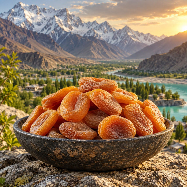 Hunza dried apricots in a stone bowl with snow mountains and a river valley behind