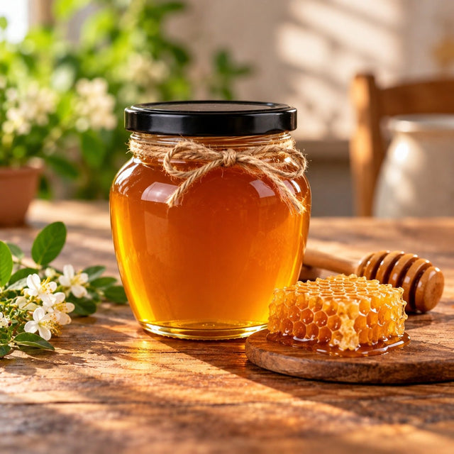 Jar of raw Hunza wildflower honey with honeycomb and a wooden dipper