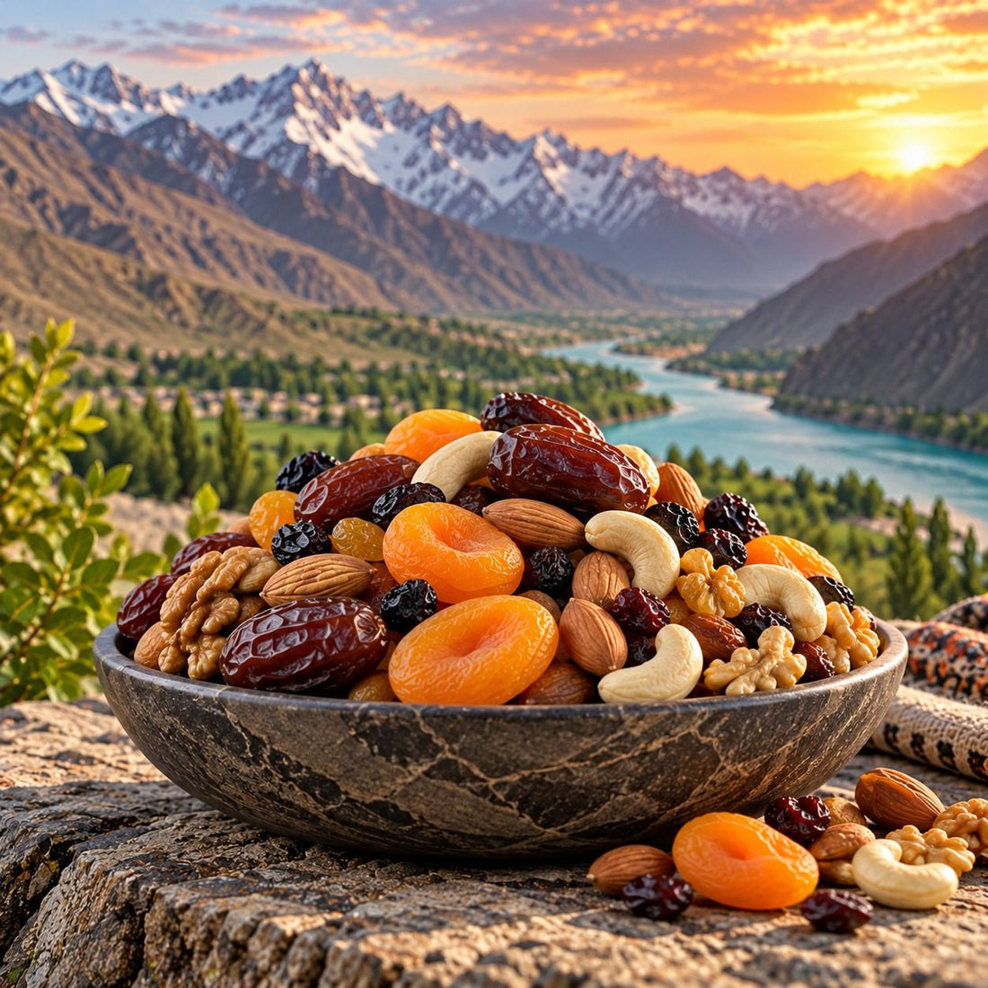 Mixed dried fruit and nuts with dates, apricots, walnuts and almonds in a stone bowl
